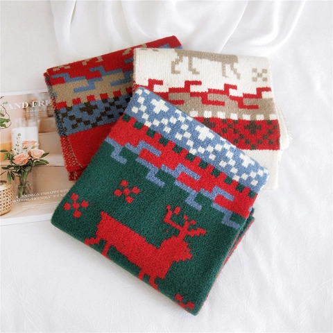 Weihnachts Rentier Mohair Strickschal Winter Warm Dick Geometrisch Pixel Muster Retro Halstuch Damen Mädchen