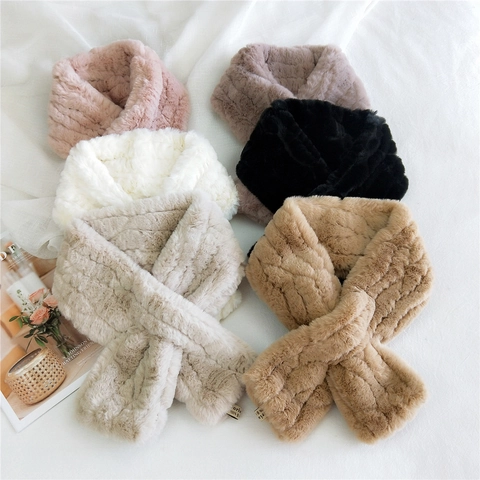 Solid Color Striped Faux Fur Neck Warmer Scarf Cross Over Plush Thickened Warm Winter Accessory For Women