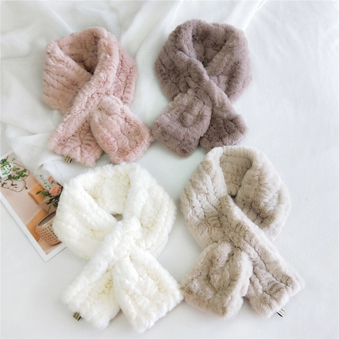 Solid Color Striped Faux Fur Neck Warmer Scarf Cross Over Plush Thickened Warm Winter Accessory For Women