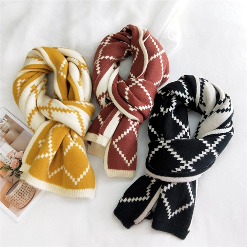 Winter Knitted Scarf Women Thick Warm Wool Blend Long Double Sided Argyle Geometric Plaid Korean Style Vintage Soft