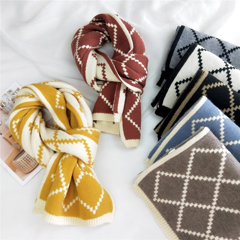 Winter Knitted Scarf Women Thick Warm Wool Blend Long Double Sided Argyle Geometric Plaid Korean Style Vintage Soft