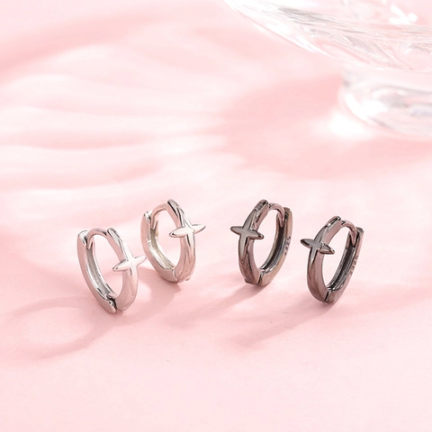 Orecchini A Cerchio Con Stella A Croce In Argento Sterling 925 Stile Hip Hop Punk Retrò Gioielli Unisex Nero Argento
