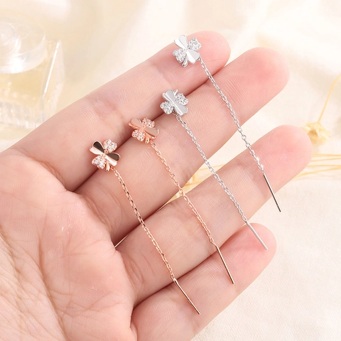 Pendientes De Rosca De Trébol De Cuatro Hojas Cobre Con Zircón Incrustado Borla Larga Joyería Para Mujeres Estilo Coreano