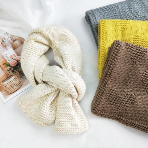 Women Winter Thick Warm Knitted Wool Blend Scarf With Embossed 3D Heart Pattern Long Soft Solid Color Knit Scarf Shawl Wrap