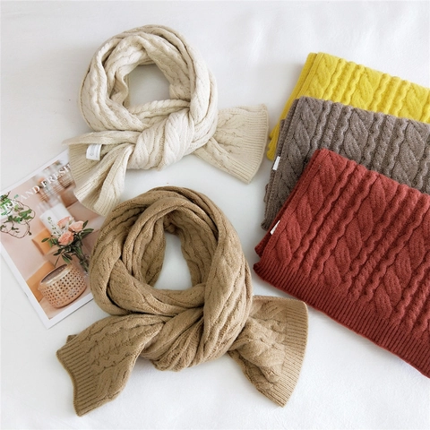 Knitted Scarf Winter Warm Cable Knit Thick Solid Color Soft Long Neck Wrap For Women Korean Fashion Versatile