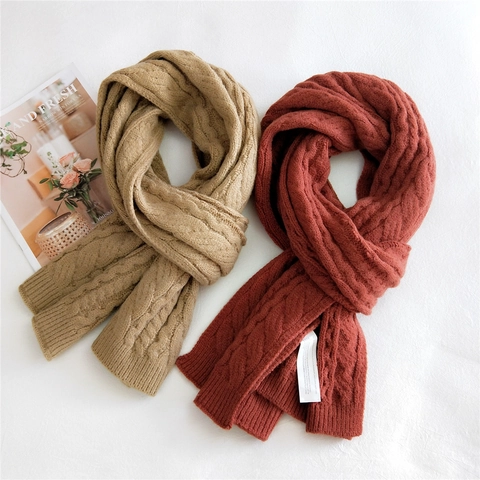 Knitted Scarf Winter Warm Cable Knit Thick Solid Color Soft Long Neck Wrap For Women Korean Fashion Versatile
