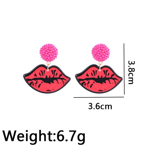 Flaming Red Lips Drop Earrings Alloy Resin Pink Beaded Pop Art Fashion Niche Design For Women