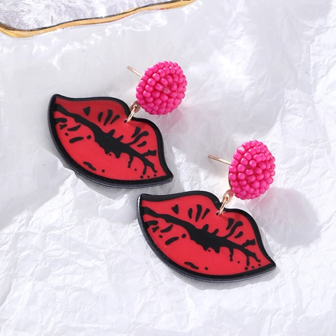 Flaming Red Lips Drop Earrings Alloy Resin Pink Beaded Pop Art Fashion Niche Design For Women
