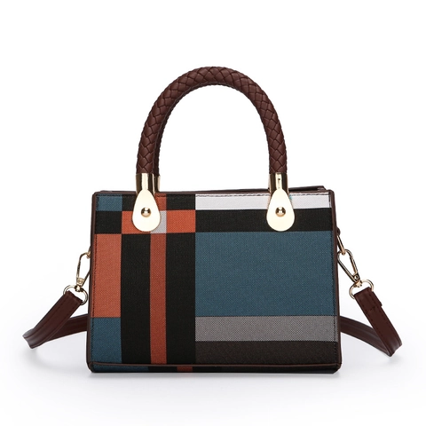 Bolso de Mano de Moda a Cuadros para Mujer Cuero PU Bloque de Color Con Asa Trenzada Correa de Hombro Desmontable Elegante