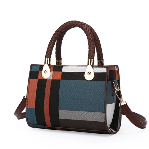 Bolso de Mano para Mujer con Bloques de Color Geométricos de Cuero Sintético PU Bolso a Cuadros con Asa Tejida para el Uso Diario Moda Bolso de Hombro