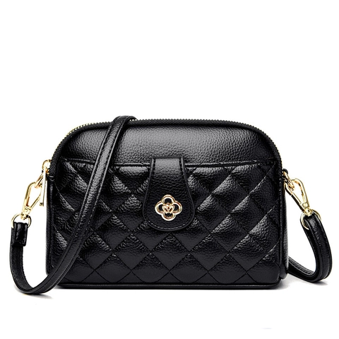 Quilted Crossbody Bag Women PU Leather Litchi Pattern Diamond Stitching Double Zipper Gold Flower Lock Elegant Shoulder Bag