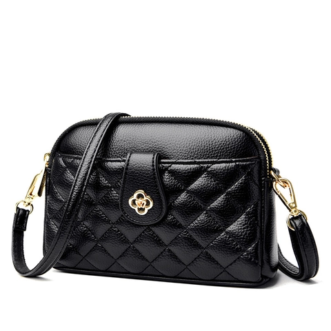 Quilted Crossbody Bag Women PU Leather Litchi Pattern Diamond Stitching Double Zipper Gold Flower Lock Elegant Shoulder Bag