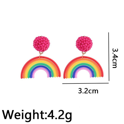 Rainbow Arch Dangle Earrings With Pink Beaded Ball Alloy Resin Colorful Summer Beach Fashion Accessory For Women
