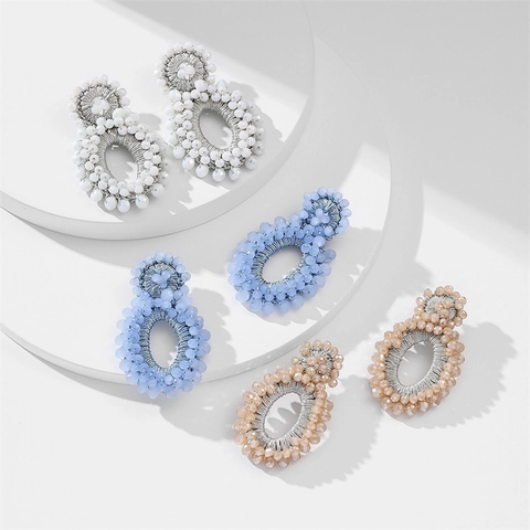 Bohemian Handmade Beaded Oval Drop Earrings For Women European Vintage Acrylic Seed Bead Woven Statement Jewelry For Vacation Party