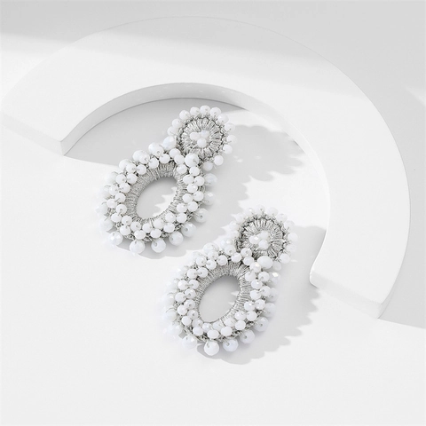 Bohemian Handmade Beaded Oval Drop Earrings For Women European Vintage Acrylic Seed Bead Woven Statement Jewelry For Vacation Party