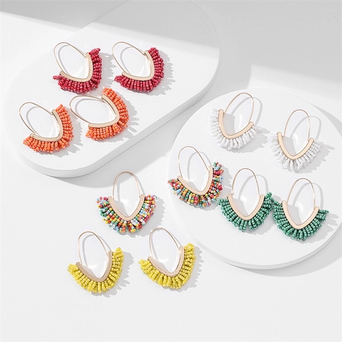 Bohemian V-Shaped Hand Woven Colorful Seed Bead Fringe Earrings For Women Alloy Ethnic Style