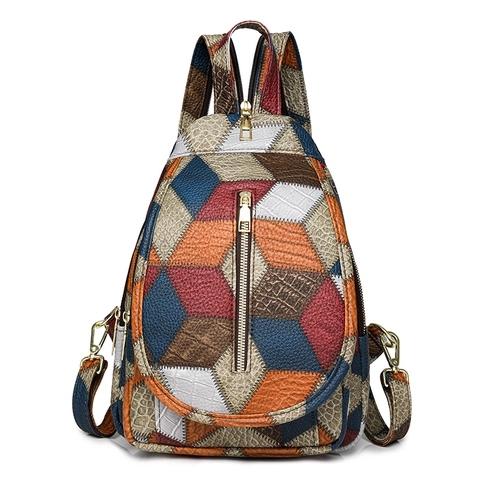 Retro Patchwork PU-leer Kleine Rugzak Voor Dames Meerkleurige Textuur Borsttas Veelzijdige Casual Schoudertas Reisetas