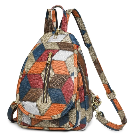 Retro Patchwork PU-leer Kleine Rugzak Voor Dames Meerkleurige Textuur Borsttas Veelzijdige Casual Schoudertas Reisetas