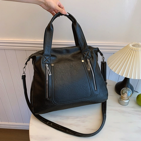 Women Large Capacity Tote Bag PU Leather Vintage Multi Zipper Shoulder Handbag Commute Casual Solid Color Office Bag