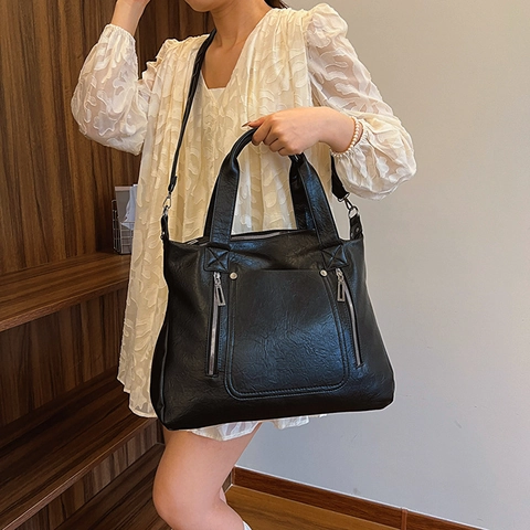 Women Large Capacity Tote Bag PU Leather Vintage Multi Zipper Shoulder Handbag Commute Casual Solid Color Office Bag