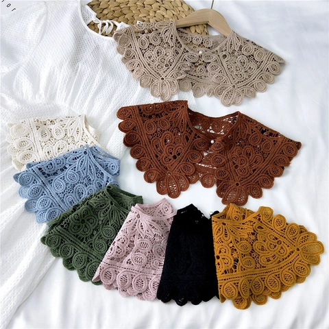 Hollow Out Lace Crochet Fake Collar For Women Artificial Pearl Buckle Knotted Small Shawl Decorative Scarf Sweet French Vintage Floral Capelet