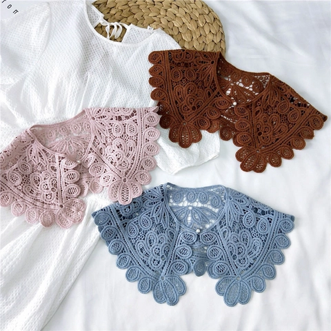 Hollow Out Lace Crochet Fake Collar For Women Artificial Pearl Buckle Knotted Small Shawl Decorative Scarf Sweet French Vintage Floral Capelet
