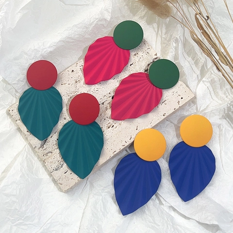 Geometric Leaf Drop Earrings Alloy Matte Contrast Color Radial Texture Statement Jewelry Women Stainless Steel Earring Post