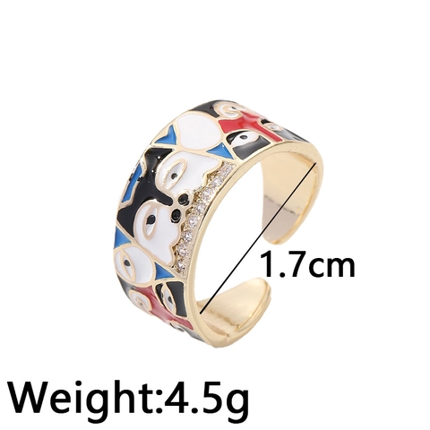 Verstellbarer Kupferring 18K Vergoldet Emaille Böser Blick Blume Abstraktes Gesicht Zirkon Schmuck Für Damen