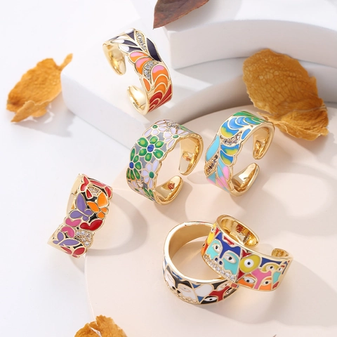 Verstellbarer Kupferring 18K Vergoldet Emaille Böser Blick Blume Abstraktes Gesicht Zirkon Schmuck Für Damen