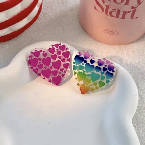 Heart Shaped Acrylic Beads For DIY Jewelry Making Accessories Handcrafted Earrings Charms Rainbow Printed Pattern Cute