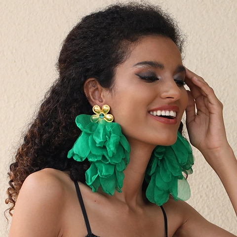 Handmade Floral Tassel Earrings Alloy Mesh Layered Petal Bohemian Oversized Drop Dangle Jewelry For Women Statement