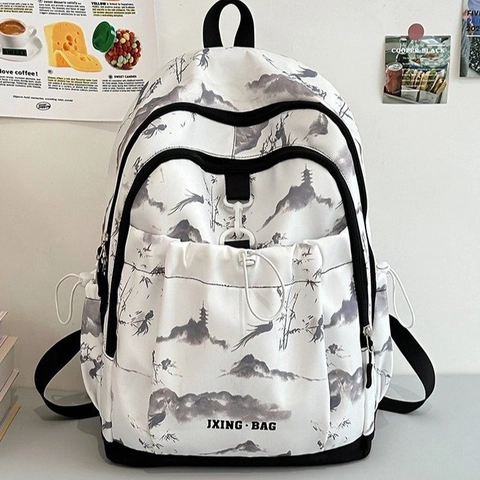 Zainetto Per Bambini Nylon Leggero Grande Capacità Stampa Paesaggio Inchiostro Nuovo Stile Cinese Borsa Scuola Studenti Con Ciondolo In Peluche