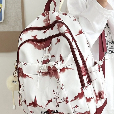 Zainetto Per Bambini Nylon Leggero Grande Capacità Stampa Paesaggio Inchiostro Nuovo Stile Cinese Borsa Scuola Studenti Con Ciondolo In Peluche