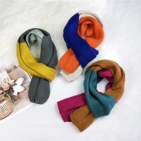 Tricolor Patchwork Knitted Scarf Soft Warm Color Block Winter Fashion Long Neck Wrap For Women