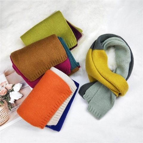 Tricolor Patchwork Knitted Scarf Soft Warm Color Block Winter Fashion Long Neck Wrap For Women