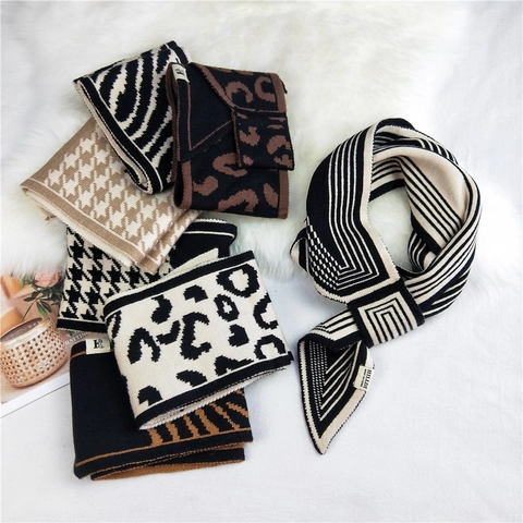 Women's Leopard Print Knitted Scarf Warm Winter Pull Through Neck Warmer Fashion Polyester Knit Cross Scarf