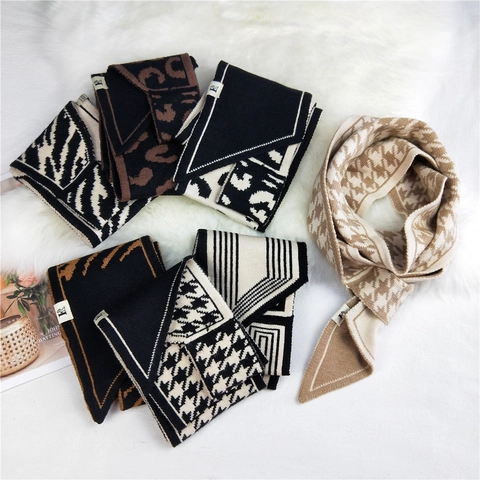 Women's Leopard Print Knitted Scarf Warm Winter Pull Through Neck Warmer Fashion Polyester Knit Cross Scarf