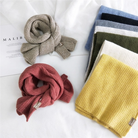 Winter Knitted Scarf Thick Warm Acrylic Ribbed Neck Warmer With Leather Patch Solid Color Soft Versatile For Women