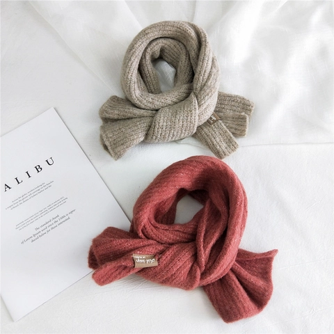 Winter Knitted Scarf Thick Warm Acrylic Ribbed Neck Warmer With Leather Patch Solid Color Soft Versatile For Women