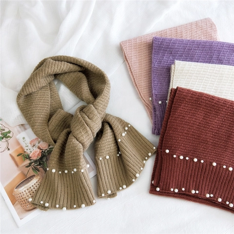 Elegant Women Artificial Pearl Beaded Knitted Scarf Winter Warm Solid Color Woolen Yarn Neck Warmer Fashion Ladies Long Small Muffler