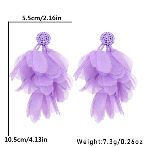 Handmade Fabric Petal Tassel Drop Earrings For Women Bohemian Large Beaded Flower Earrings With Stainless Steel Earring Post Vacation Jewelry