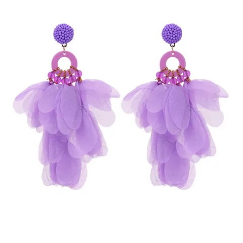 Bohemian Fabric Flower Drop Earrings With Tulle Petals Glass Beads Acrylic Ring And Stainless Steel Earring Post For Women