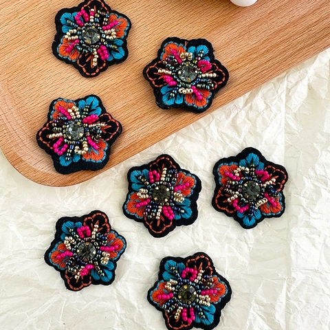Handmade Embroidered Flower Charms Beaded Fabric Floral Patches DIY Jewelry Making Earrings Accessory Bohemian Style