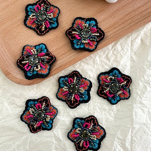 Handmade Embroidered Flower Charms Beaded Fabric Floral Patches DIY Jewelry Making Earrings Accessory Bohemian Style