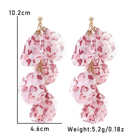 Long Dangle Earrings Alloy Printed Fabric Chiffon Layered Petal Heart Tassel Bohemian Romantic Jewelry For Women