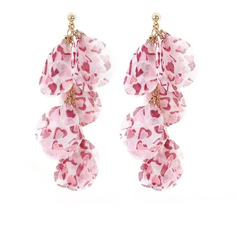 Long Dangle Earrings Alloy Printed Fabric Chiffon Layered Petal Heart Tassel Bohemian Romantic Jewelry For Women