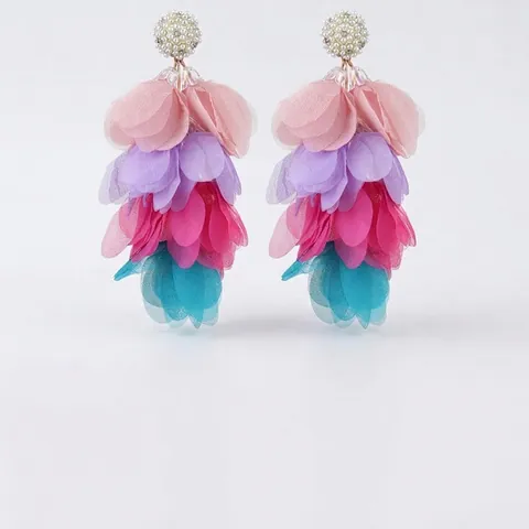 Bohemian Long Layered Fabric Petal Tassel Earrings With Alloy Artificial Pearl Rhinestone For Women Party Wedding Jewelry