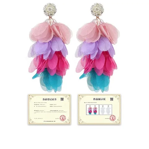 Pendientes Bohemios Largos de Borlas con Pétalos de Tela Con Aleación Perla Artificial Diamantes de Imitación para Mujer Fiesta Boda Joyería