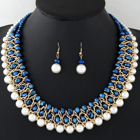 Gioielli Bohemién Vintage Lega Finta Perla Artificial Perline Cristallo Collana Bavaglio Tessuta Orecchini Donna Elegante Festa