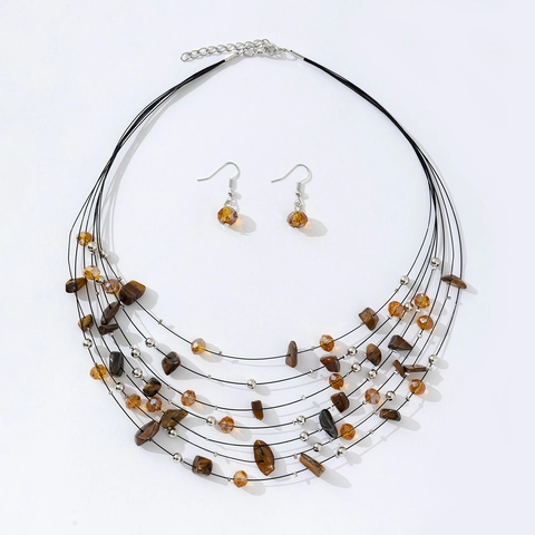 Bohemian Multi-Layer Crushed Stone Necklace And Earrings Vintage Ethnic Crystal Alloy Jewelry For Women Handmade Style